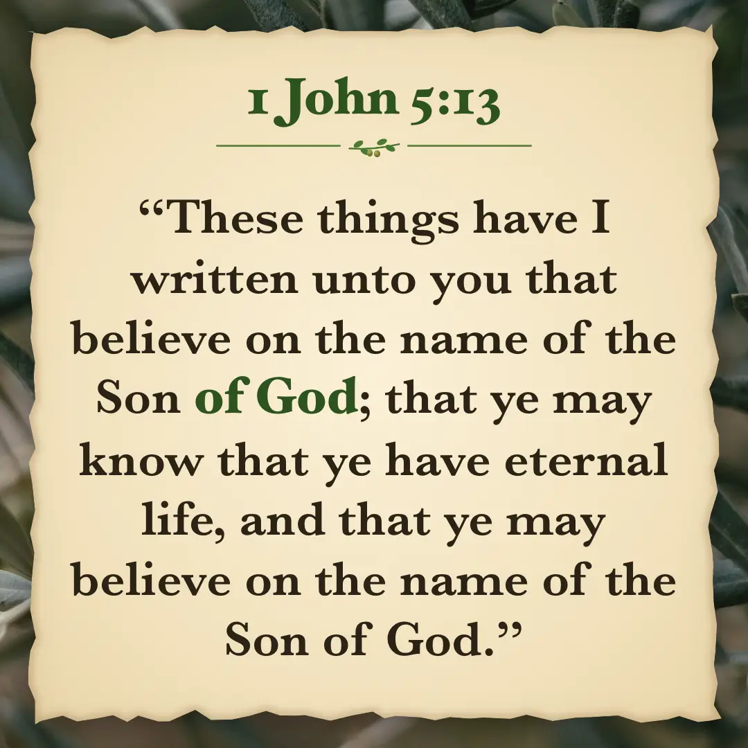 1 John 5:13. These things have I written unto you that believe on the name of the Son of God; that ye may know that ye have eternal life, and that ye may believe on the name of the Son of God.
