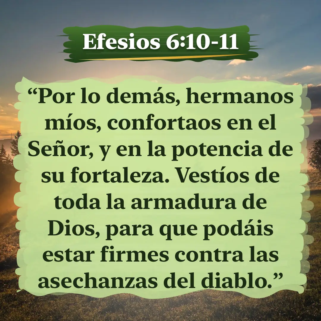 Efesios 6:10-11. Por lo demás, hermanos míos, confortaos en el Señor, y en la potencia de su fortaleza. Vestíos de toda la armadura de Dios, para que podáis estar firmes contra las asechanzas del diablo.